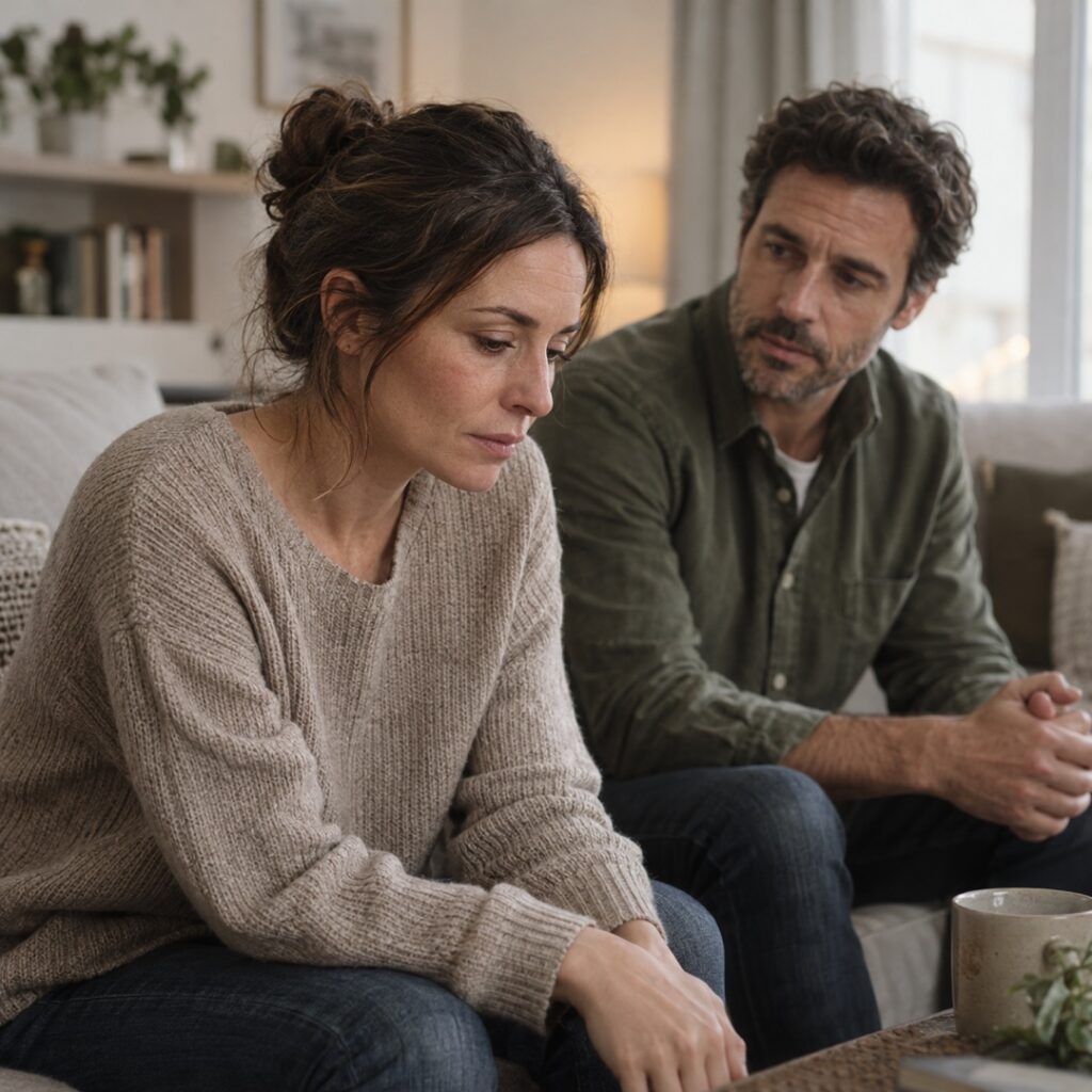 Pareja sentada en un sofá en un momento de reflexión y distancia emocional